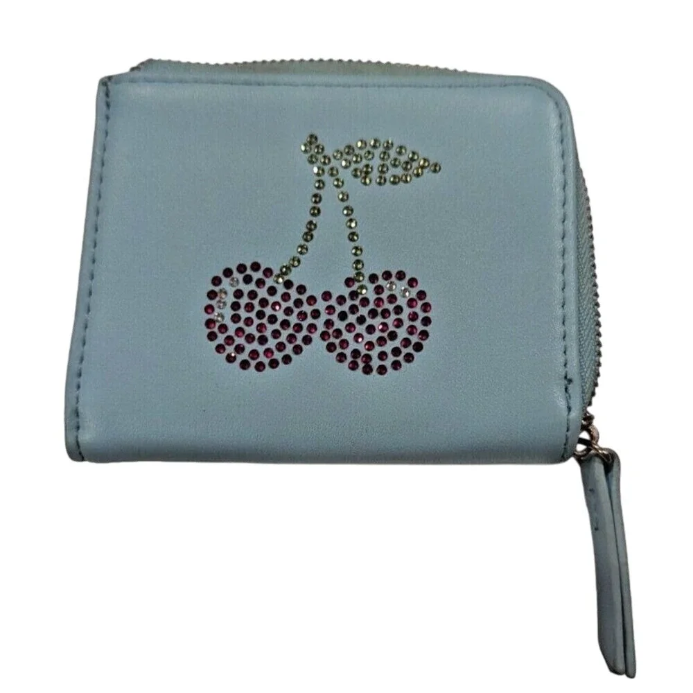 Baby Blue Cherry Rhinestone Coin‎ Purse Small Zip Around Cute Kawaii Y2K Chic